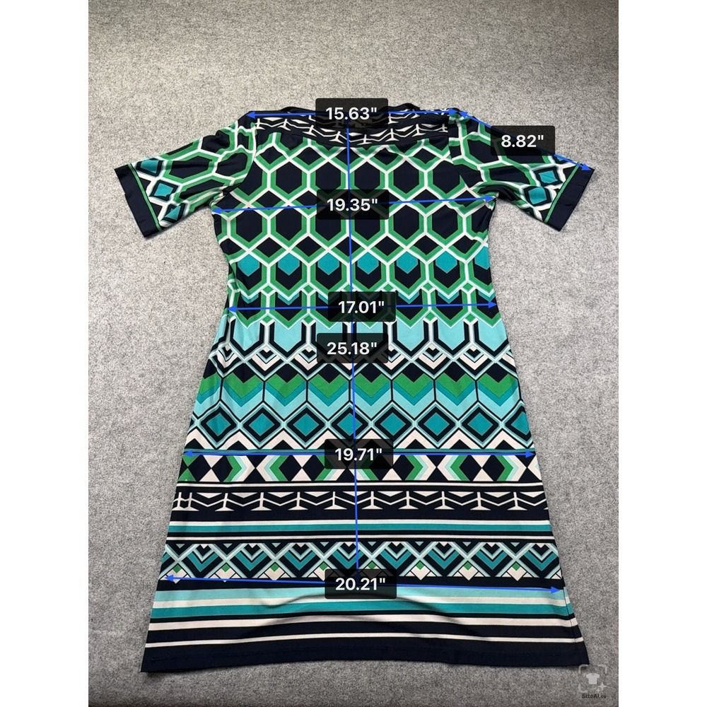 Signature Camryn Dress Womens 8P Green Blue Geometric Print Short Sleeve